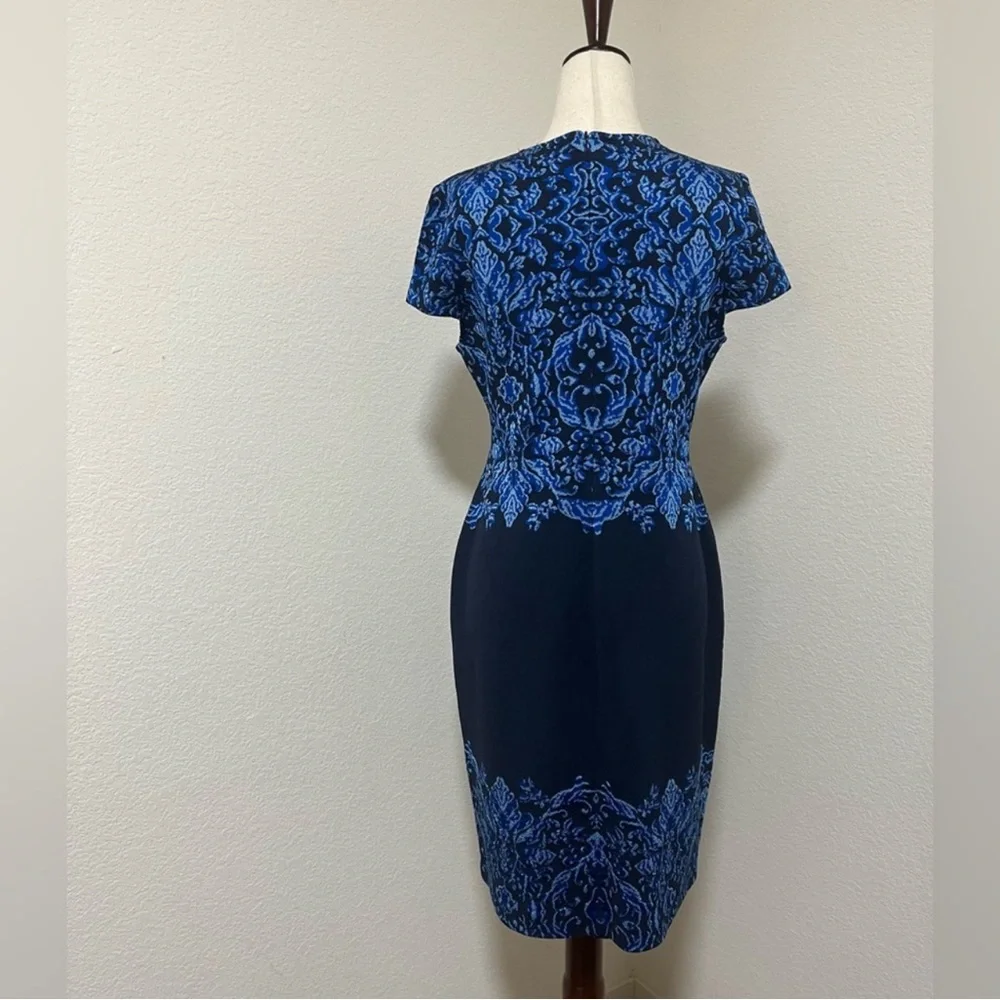 St. John Blue Tones Brocade Graphic Short-Sleeve Knit Dress - Picture 3 of 7